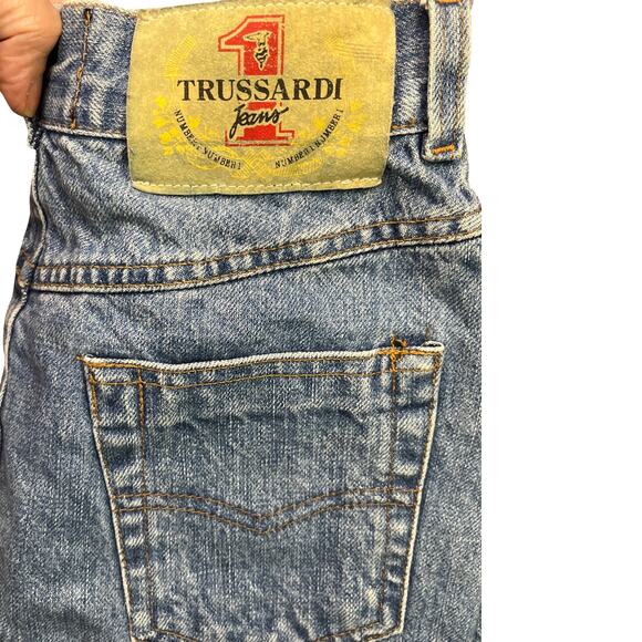 Trussardi Jeans Denim Mini Skirt Embroidered Logo Italy Vintage Size 26 - Picture 5 of 7